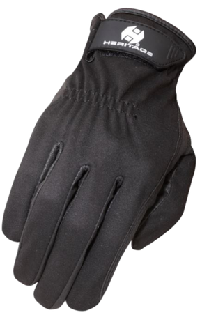 A black leather glove with a visible brand logo on the wrist adjustment strap.