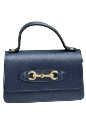 A navy-colored Italian leather purse with a gold chain crossbody strap and a metallic bit detail in the front.