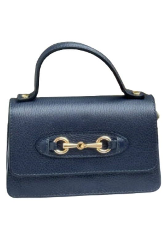 A navy-colored Italian leather purse with a gold chain crossbody strap and a metallic bit detail in the front.