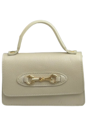 A navy-colored Italian leather purse with a gold chain crossbody strap and a metallic bit detail in the front.