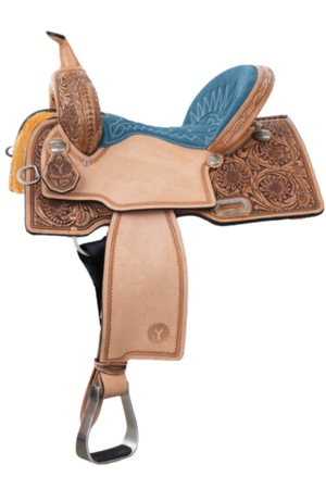 A brown and blue Maisle Freedom Fit Barrel Saddle with intricate sunflower hand tooling.