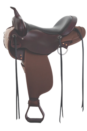 A brown Bear Brook Cordura Trail Saddle with a short, round skirt and saddle strings, designed for trail riding.
