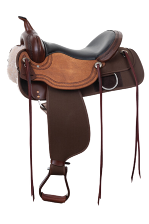 A brown western saddle with no visible brand markings.