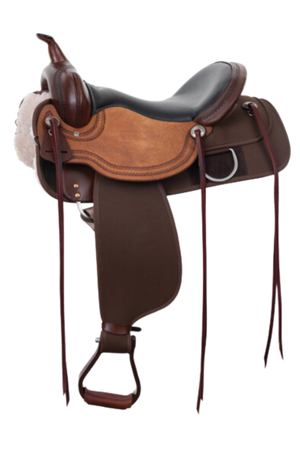 A brown western saddle with no visible brand markings.