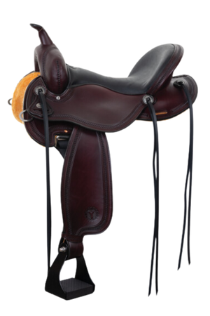 A brown Bradley Trail saddle with a black seat, hanging stirrups, and decorative stitching.