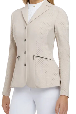 A person wearing a black mesh show coat with long sleeves, buttoned front, and a white riding pants.