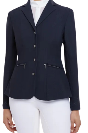A person wearing a black mesh show coat with long sleeves, buttoned front, and a white riding pants.