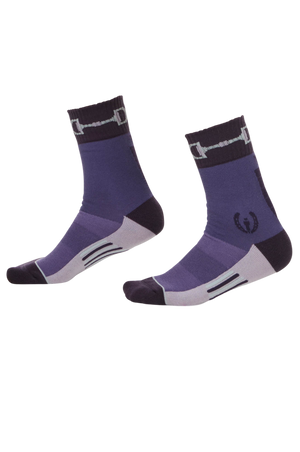 A pair of paddock socks with snaffle and carrot design elements, suitable for equestrian activities.