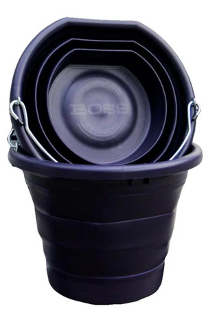A dark navy BOSS BUCKET with a hard plastic rim and bottom and a thick silicone middle, designed to lay flat.