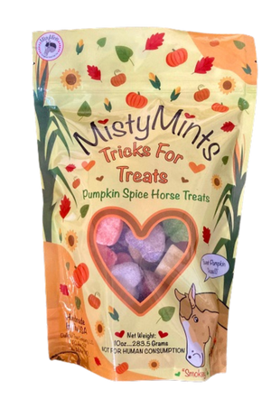 A package of MistyMints Horse Treats with a clear window showing the treats inside, in the shape of mint leaves, and a cartoon horse illustration on the front.
