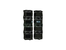Two black knee pads stacked on a white background