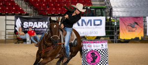 Person on a horse performing a rodeo stunt in an arena with various advertisements in the background.