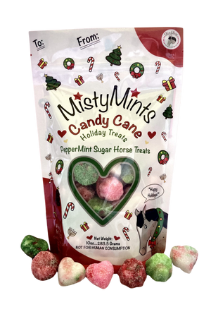 A package of MistyMints Horse Treats with a clear window showing the treats inside, in the shape of mint leaves, and a cartoon horse illustration on the front.