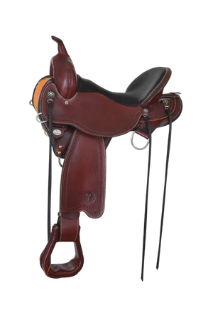 A brown Circle Y Ridgeline Trail Saddle with black accents and silver conchos.
