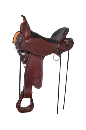 A brown Circle Y Ridgeline Trail Saddle with black accents and silver conchos.