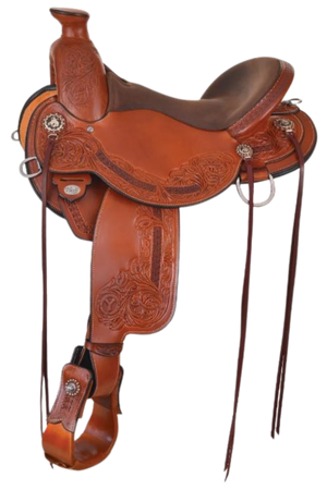 A brown leather trail saddle with floral hand-tooling and brown iron bucking cowboy conchos.