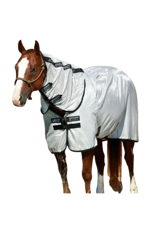 A brown horse wearing a silver Amigo Stock Horse Fly Sheet with no fill, featuring a Detachable Hood.