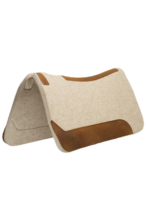 A contoured felt pony saddle pad with beige color and brown accents.