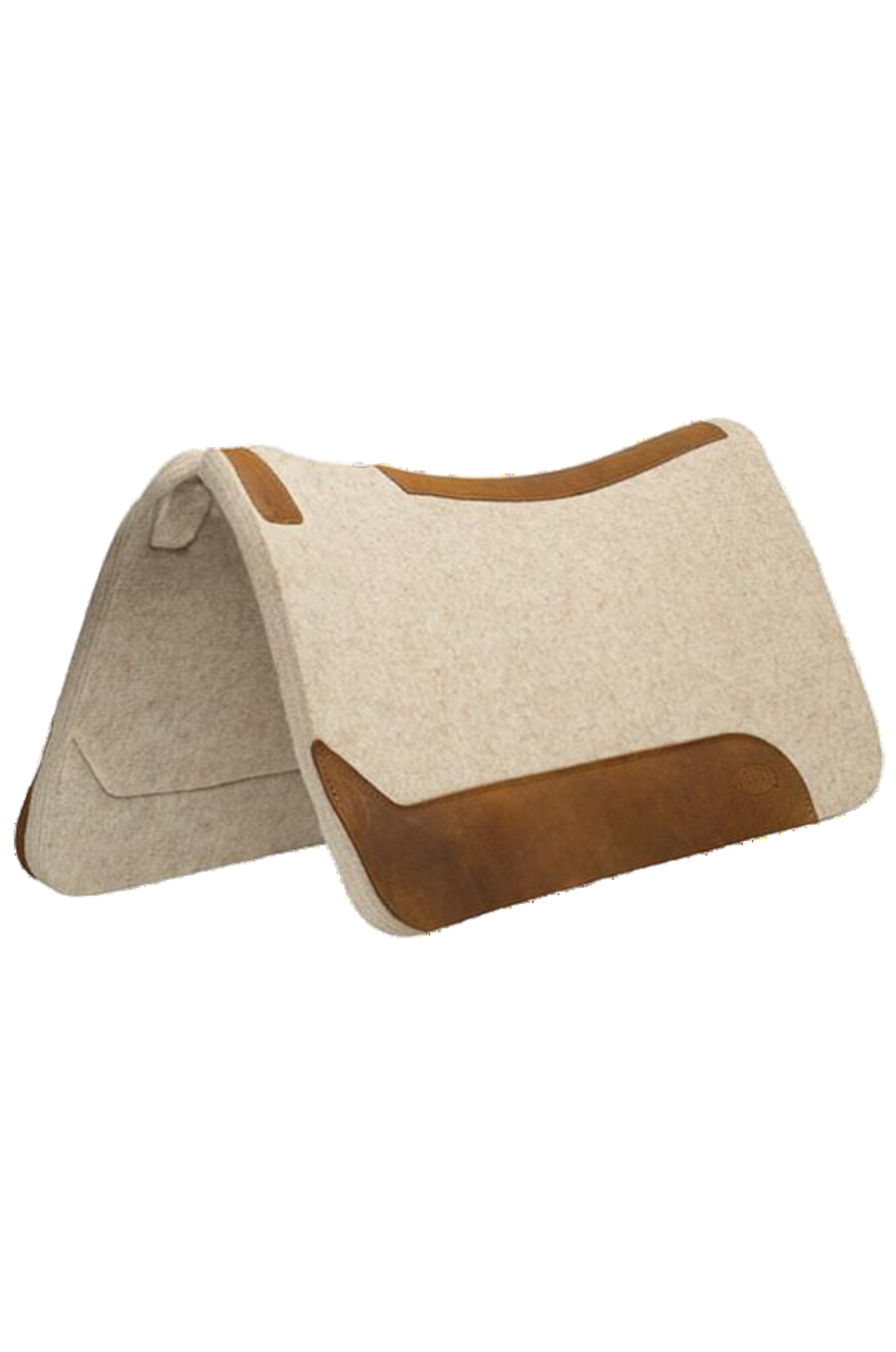 A contoured felt pony saddle pad with beige color and brown accents.