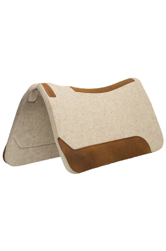 A contoured felt pony saddle pad with beige color and brown accents.
