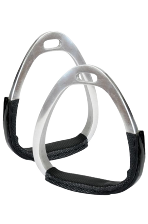 A pair of aluminum horse racing stirrups with black padding.