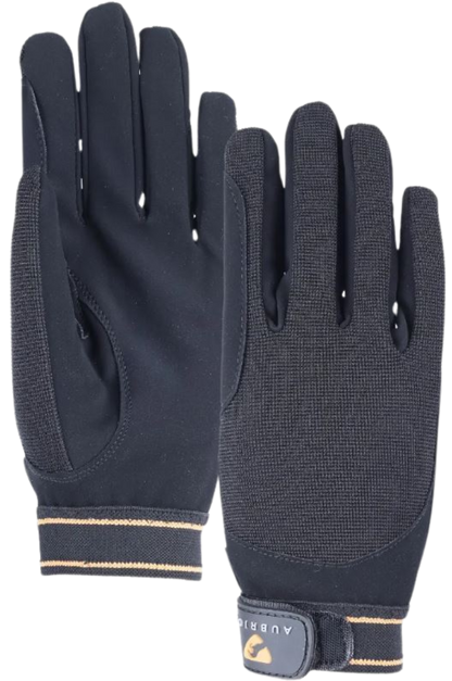 A pair of black mesh riding gloves with velcro straps and a logo on the wrist.