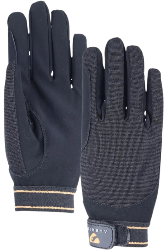 A pair of black mesh riding gloves with velcro straps and a logo on the wrist.