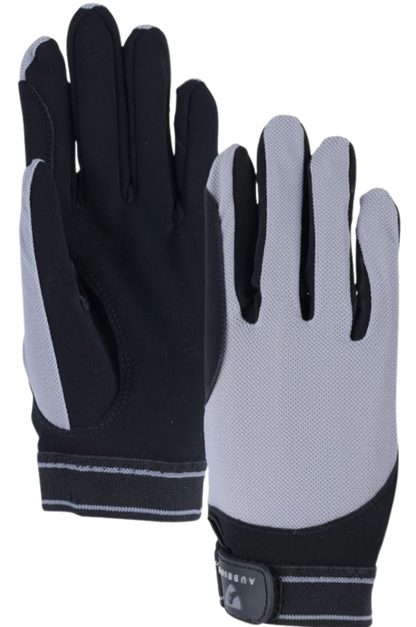 A pair of black mesh riding gloves with velcro straps and a logo on the wrist.