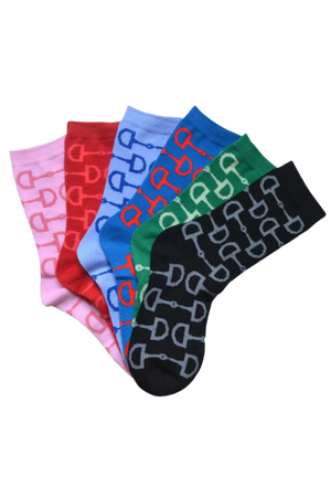 A set of colorful horsebit crew socks in various colors including red, blue, green, and black.