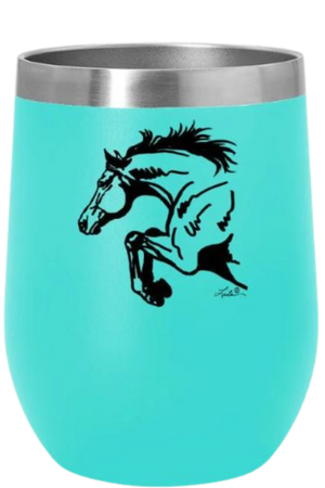 A blue stainless steel wine tumbler with a slide top lid and a black silhouette of a horse on the side.
