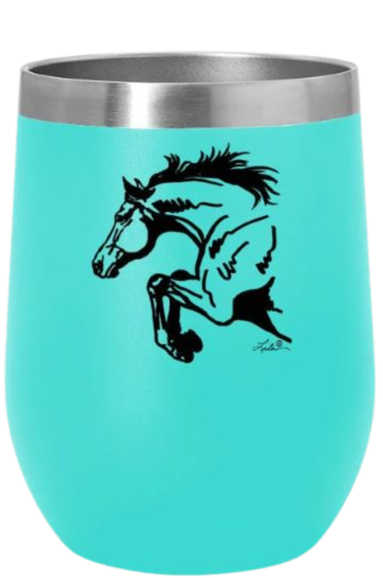 A blue stainless steel wine tumbler with a slide top lid and a black silhouette of a horse on the side.
