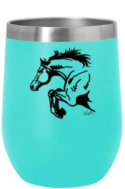 A blue stainless steel wine tumbler with a slide top lid and a black silhouette of a horse on the side.