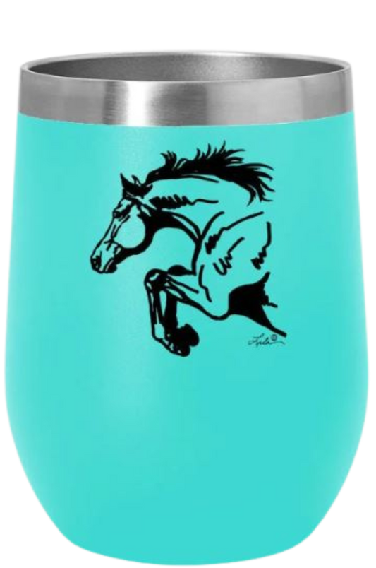 A blue stainless steel wine tumbler with a slide top lid and a black silhouette of a horse on the side.
