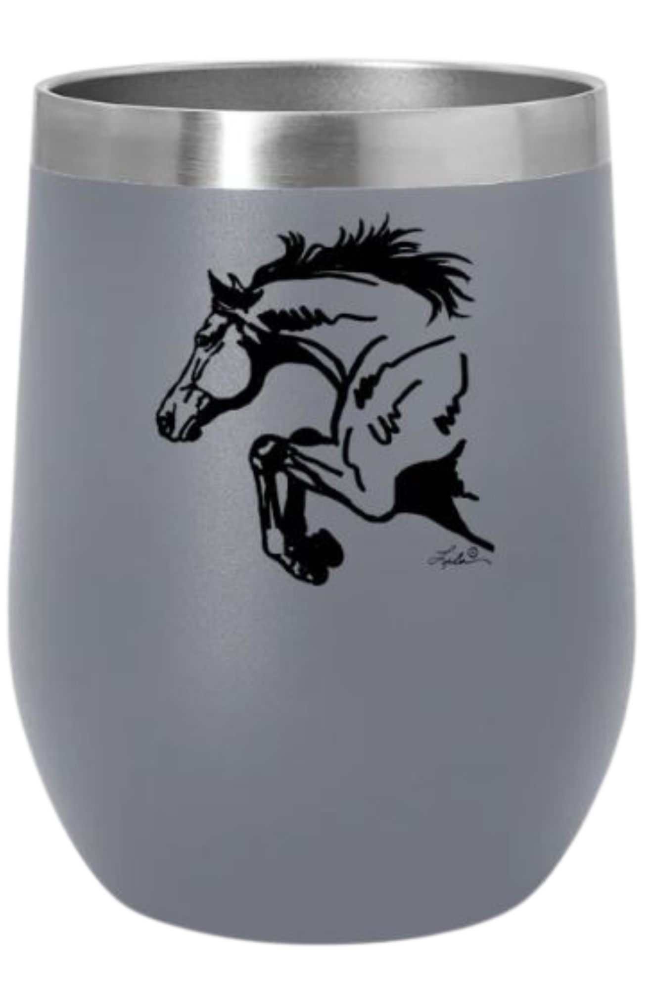 A blue stainless steel wine tumbler with a slide top lid and a black silhouette of a horse on the side.