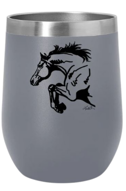 A blue stainless steel wine tumbler with a slide top lid and a black silhouette of a horse on the side.