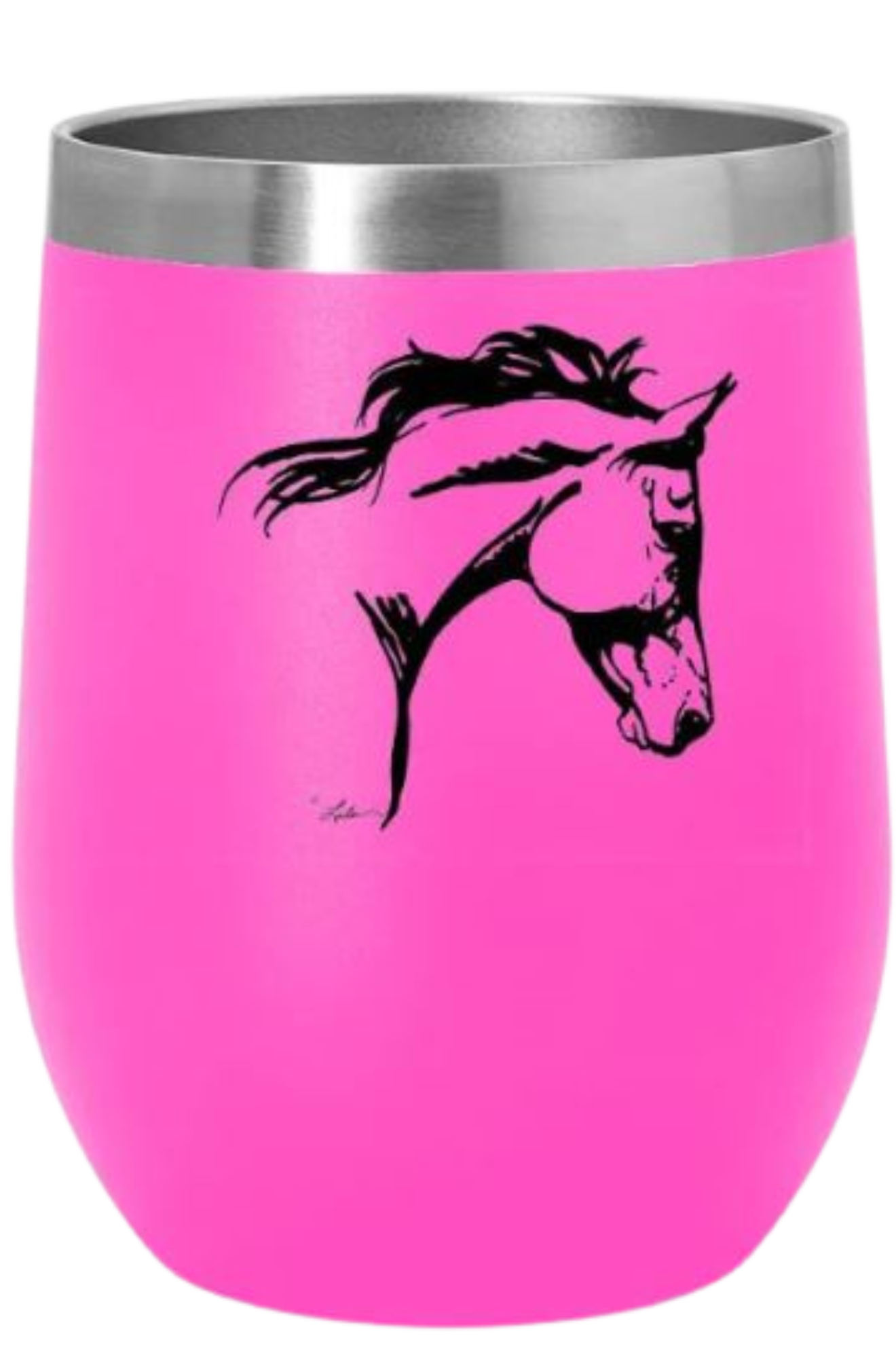 A blue stainless steel wine tumbler with a slide top lid and a black silhouette of a horse on the side.