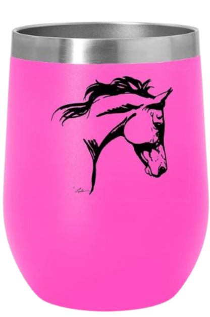 A blue stainless steel wine tumbler with a slide top lid and a black silhouette of a horse on the side.