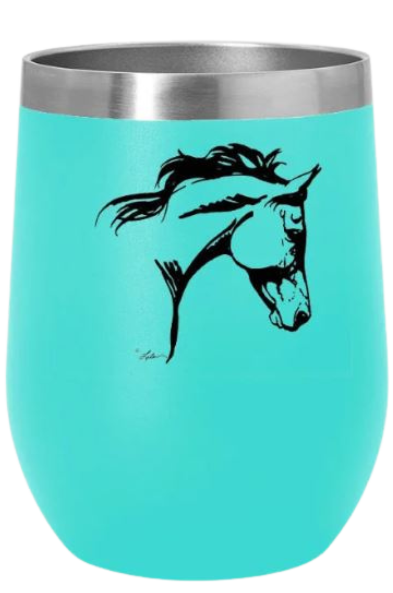 A blue stainless steel wine tumbler with a slide top lid and a black silhouette of a horse on the side.