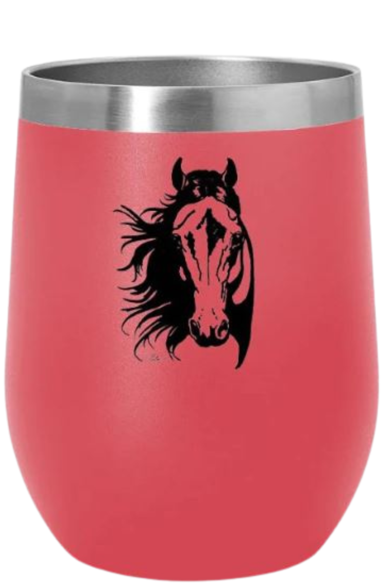 A blue stainless steel wine tumbler with a slide top lid and a black silhouette of a horse on the side.