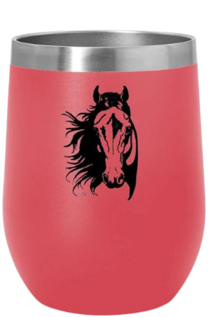 A blue stainless steel wine tumbler with a slide top lid and a black silhouette of a horse on the side.