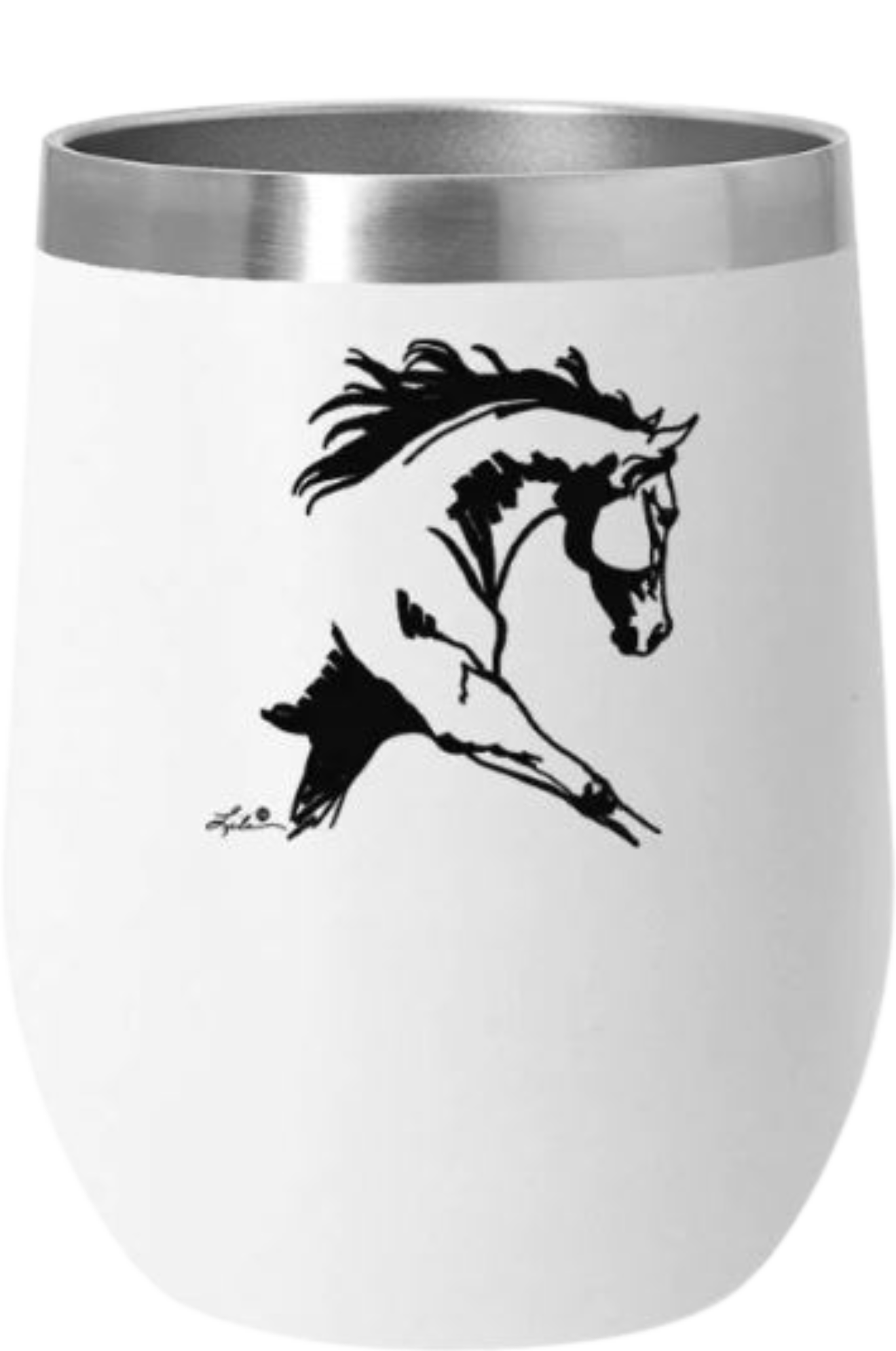 A blue stainless steel wine tumbler with a slide top lid and a black silhouette of a horse on the side.
