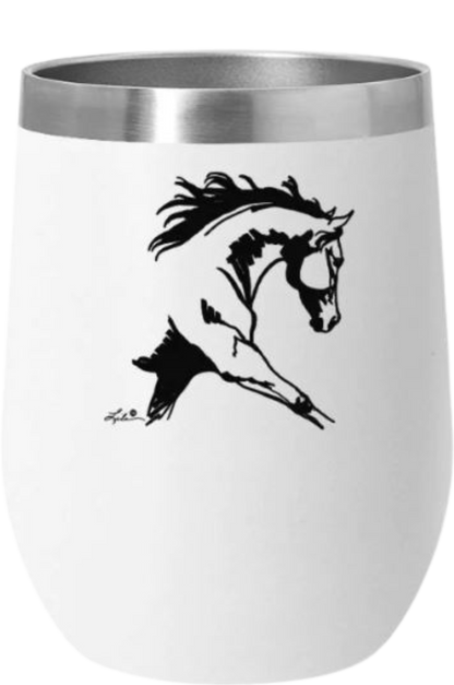 A blue stainless steel wine tumbler with a slide top lid and a black silhouette of a horse on the side.