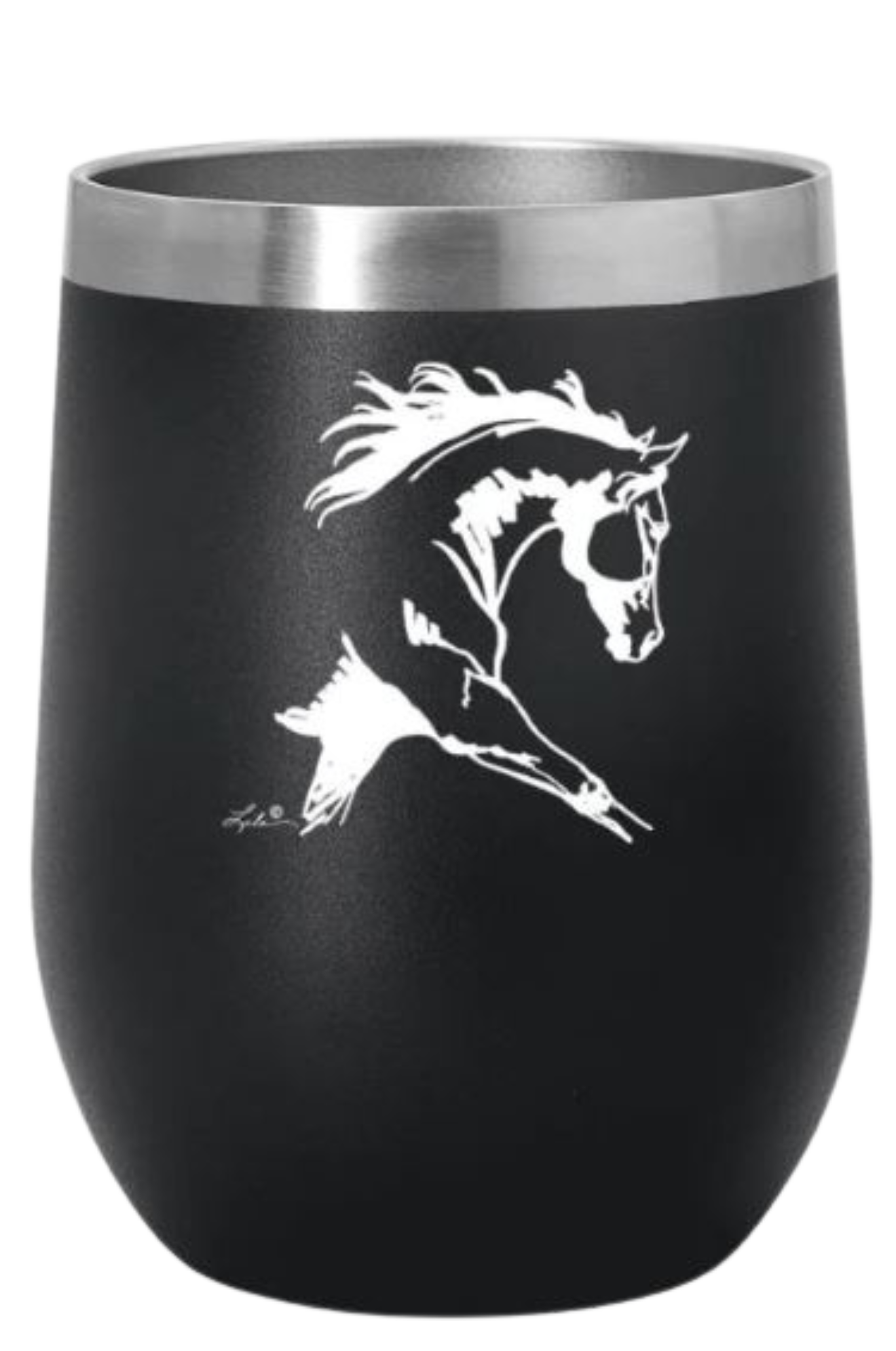 A blue stainless steel wine tumbler with a slide top lid and a black silhouette of a horse on the side.