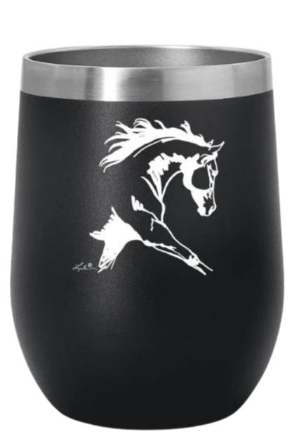 A blue stainless steel wine tumbler with a slide top lid and a black silhouette of a horse on the side.