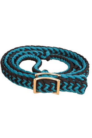A coiled blue and black reins knot with metal buckles.