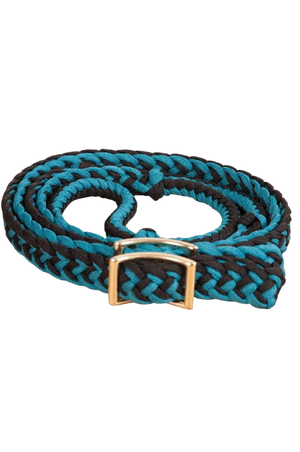 A coiled blue and black reins knot with metal buckles.