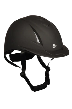 A black Ovation Riding Deluxe Schooler Equestrian Riding Helmet with high-flow air vents and a removable visor.
