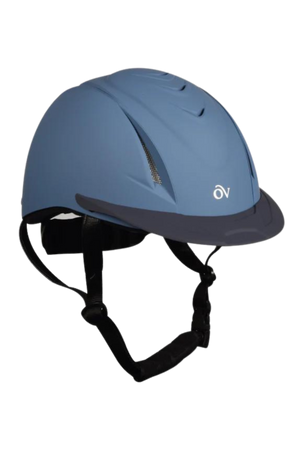 A black Ovation Riding Deluxe Schooler Equestrian Riding Helmet with high-flow air vents and a removable visor.
