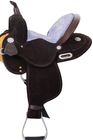A brown saddle made from a combination of durable materials, featuring a 5-inch cantle and decorative conchos.
