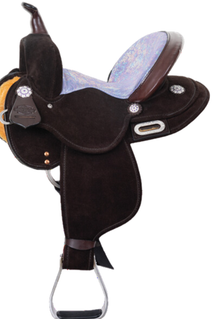A brown saddle made from a combination of durable materials, featuring a 5-inch cantle and decorative conchos.